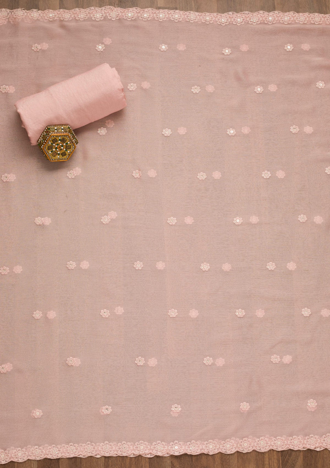 Baby Pink Threadwork Georgette Unstitched Salwar Suit-Koskii