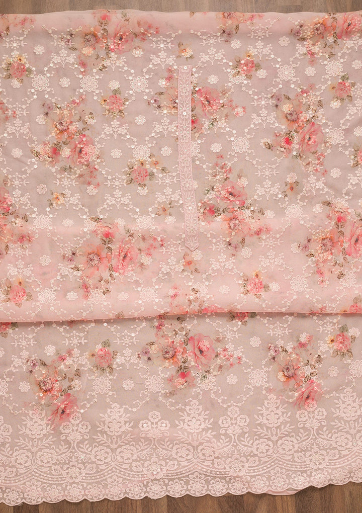 Baby Pink Threadwork Georgette Unstitched Salwar Suit-Koskii