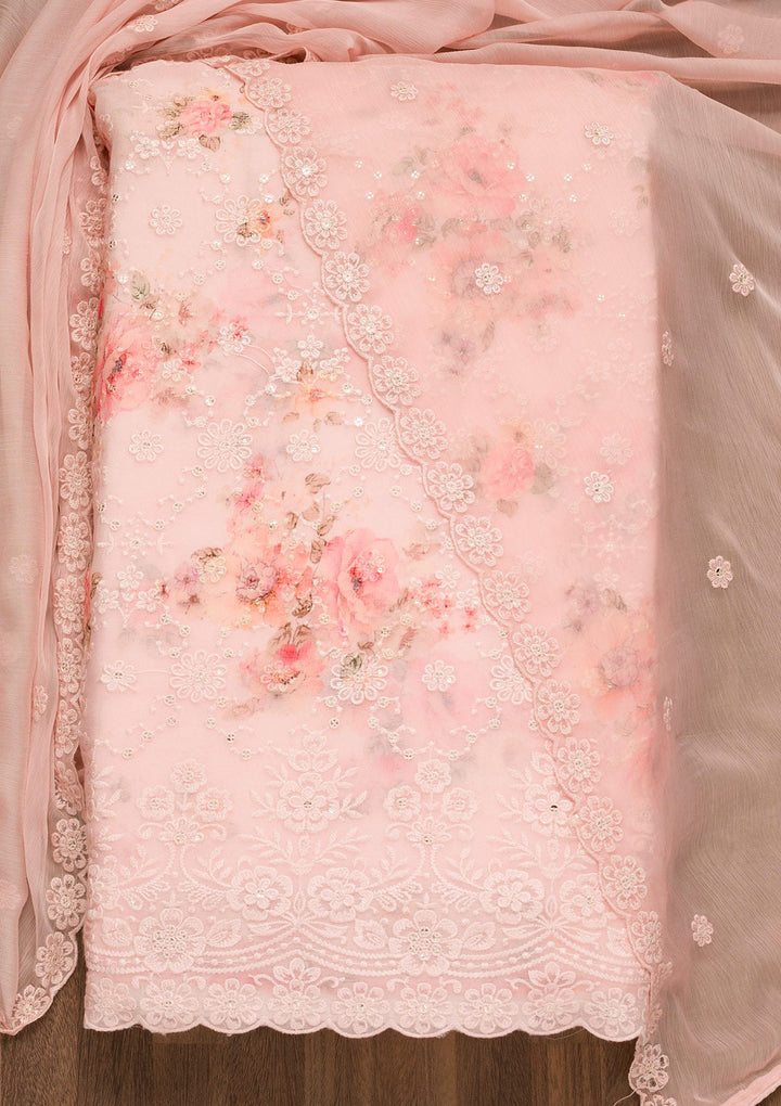 Baby Pink Threadwork Georgette Unstitched Salwar Suit-Koskii