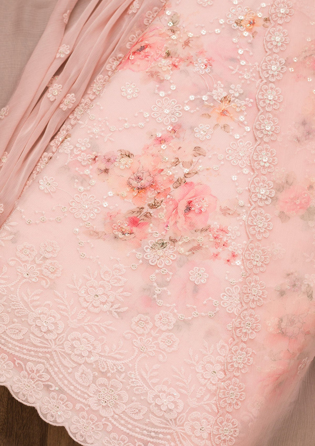 Baby Pink Threadwork Georgette Unstitched Salwar Suit-Koskii