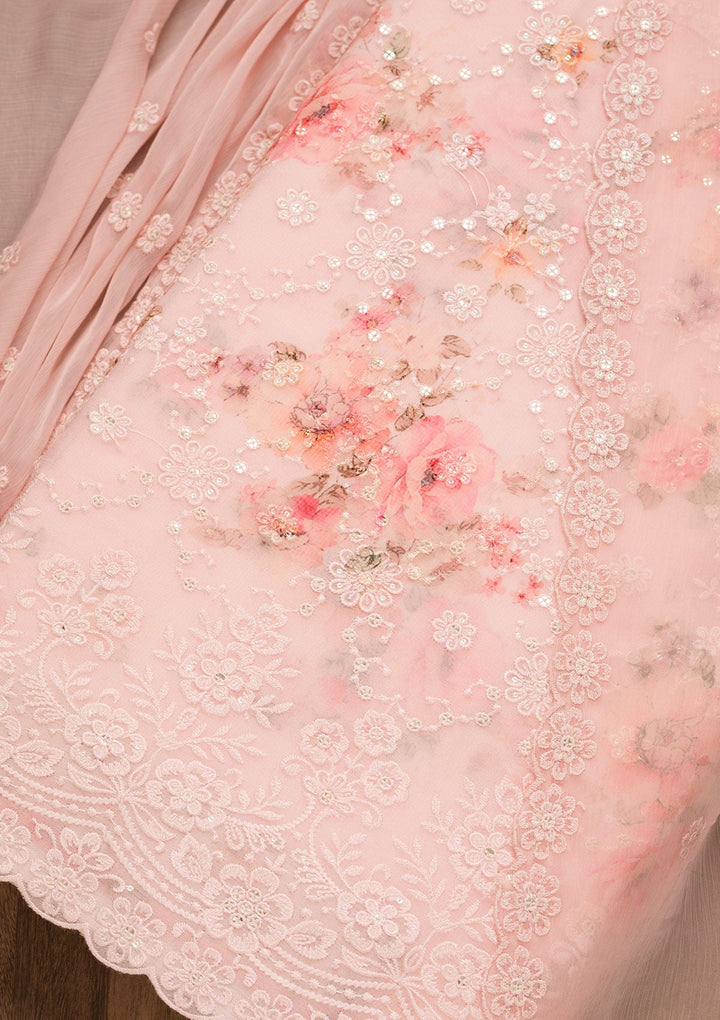 Baby Pink Threadwork Georgette Unstitched Salwar Suit-Koskii