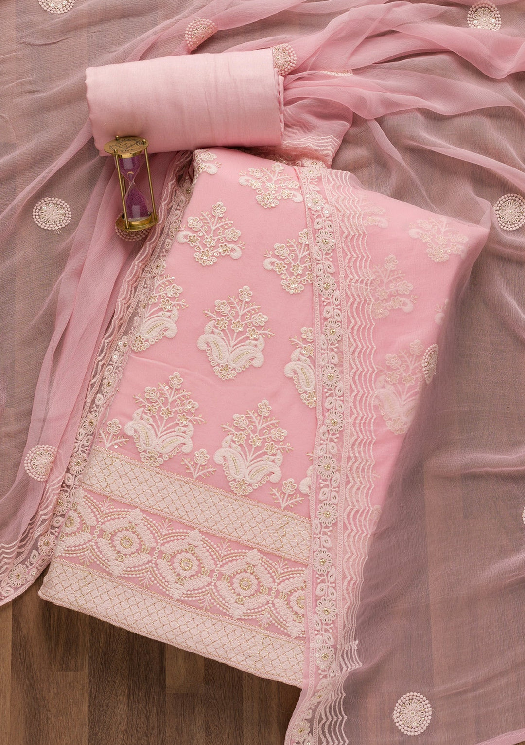 Baby Pink Threadwork Georgette Unstitched Salwar Suit-Koskii