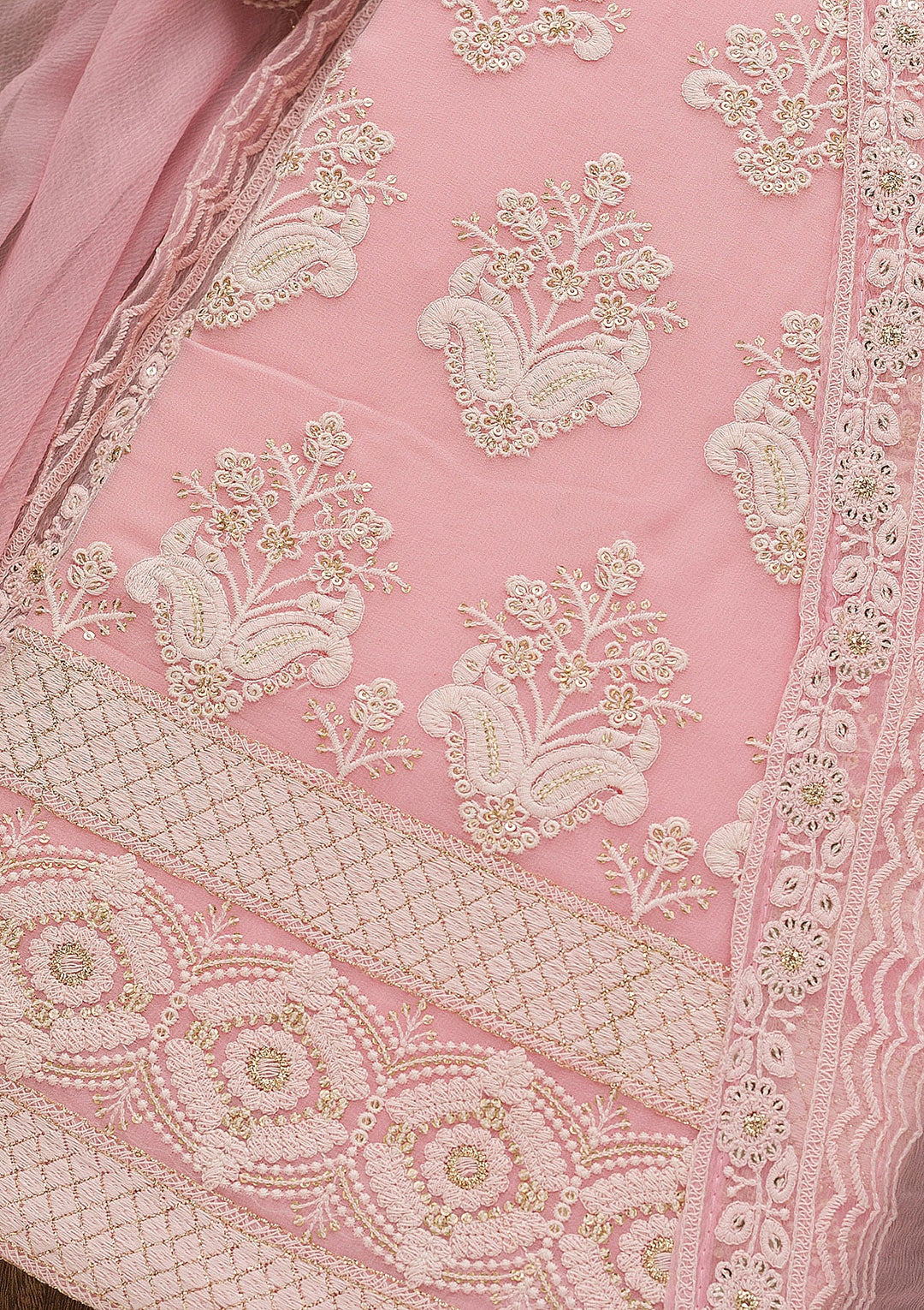 Baby Pink Threadwork Georgette Unstitched Salwar Suit-Koskii