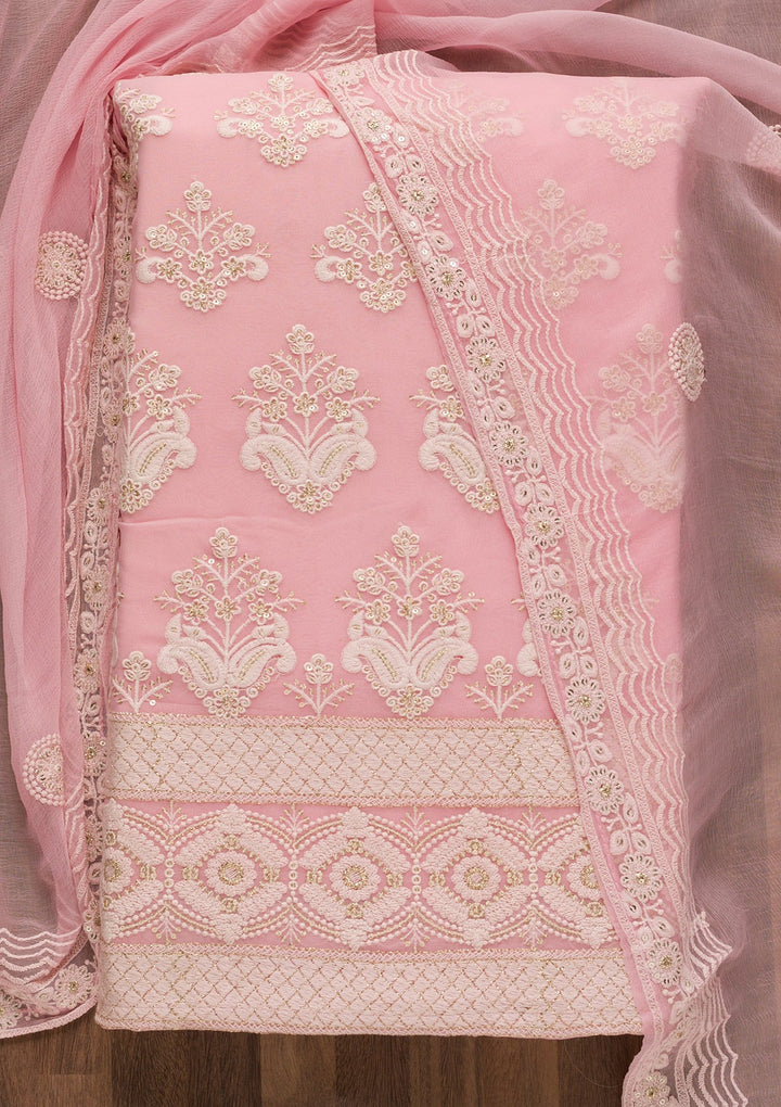 Baby Pink Threadwork Georgette Unstitched Salwar Suit-Koskii