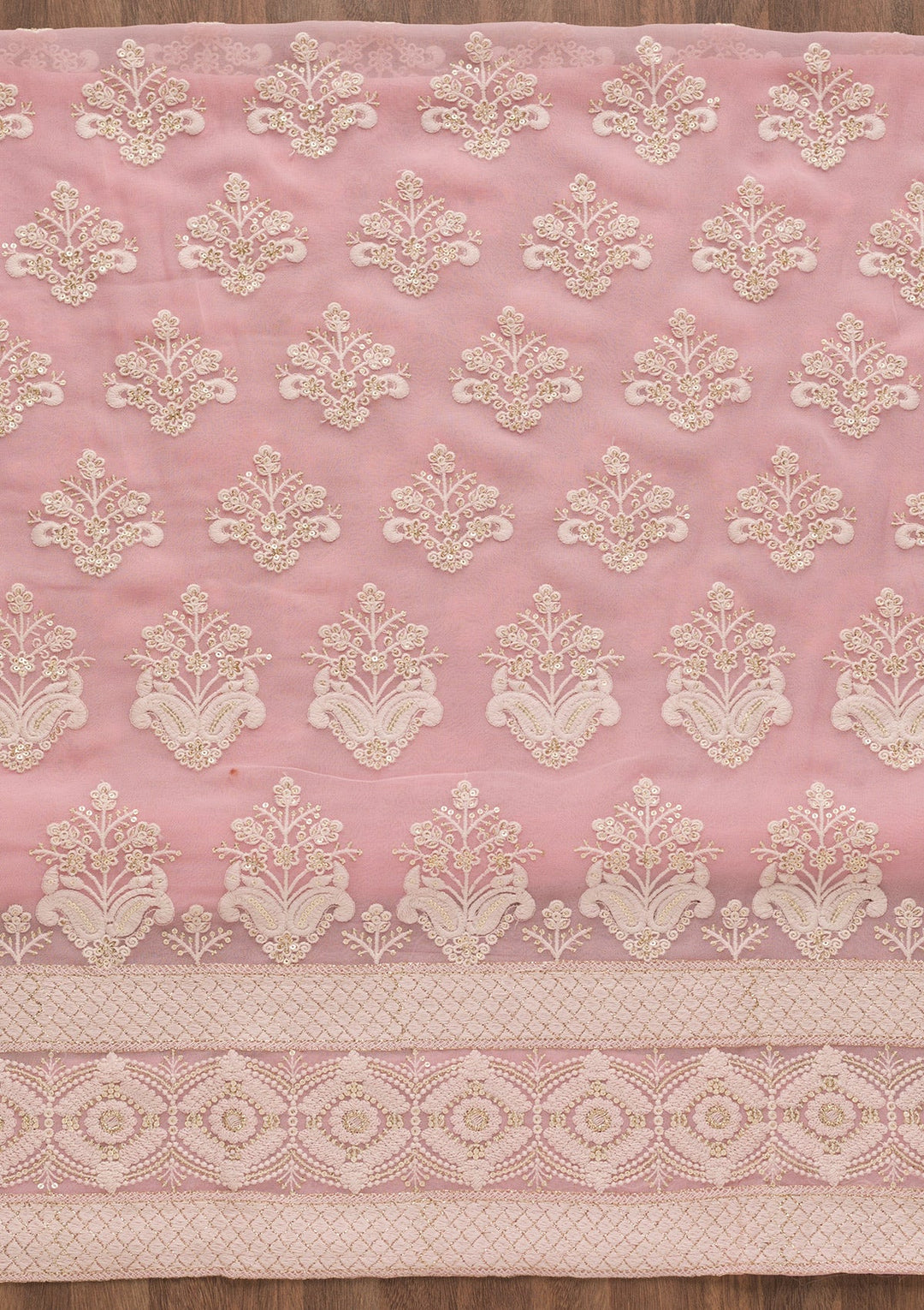 Baby Pink Threadwork Georgette Unstitched Salwar Suit-Koskii