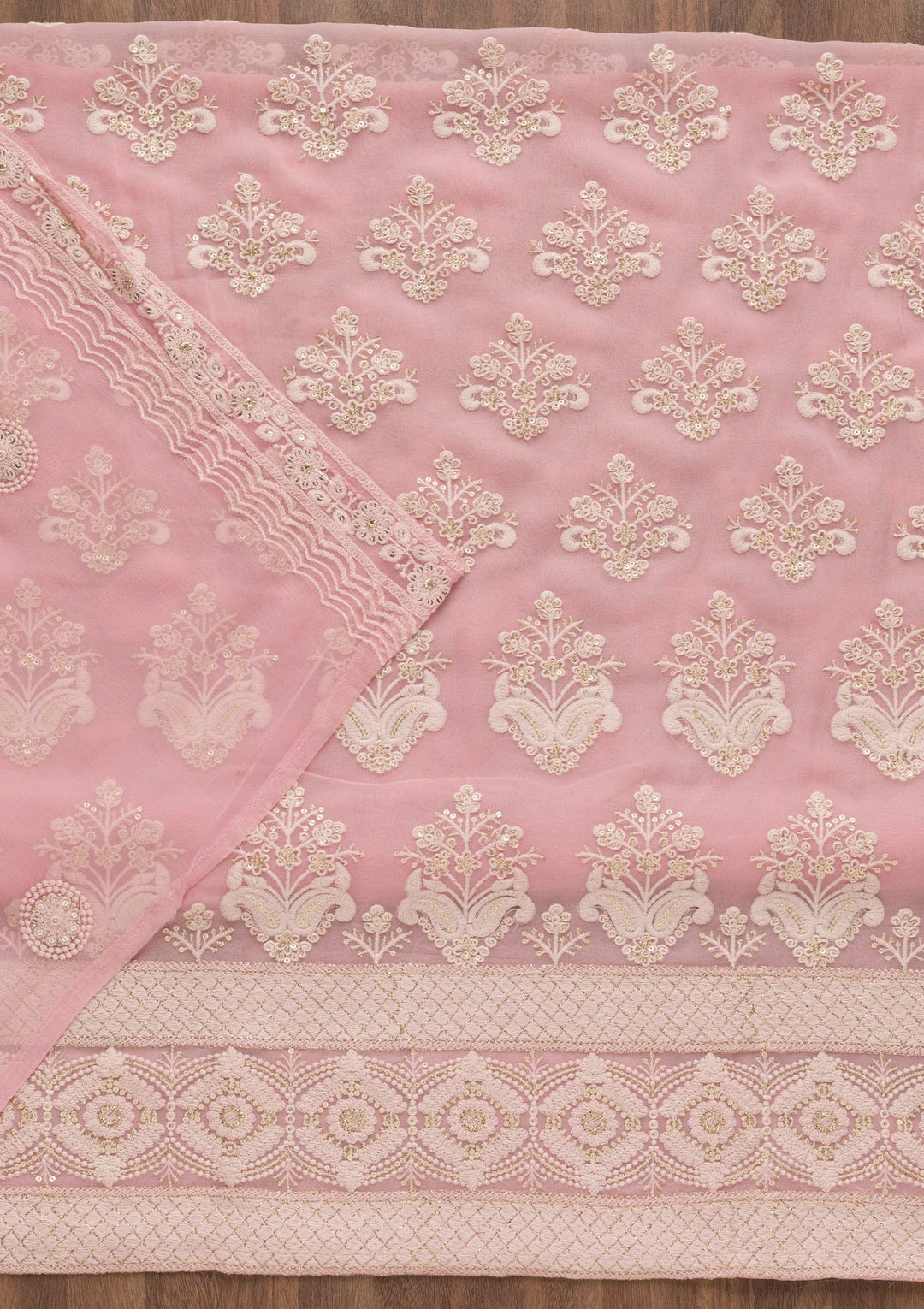 Baby Pink Threadwork Georgette Unstitched Salwar Suit-Koskii
