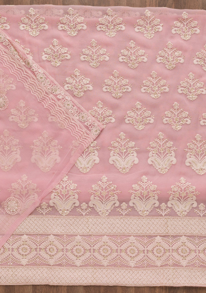 Baby Pink Threadwork Georgette Unstitched Salwar Suit-Koskii
