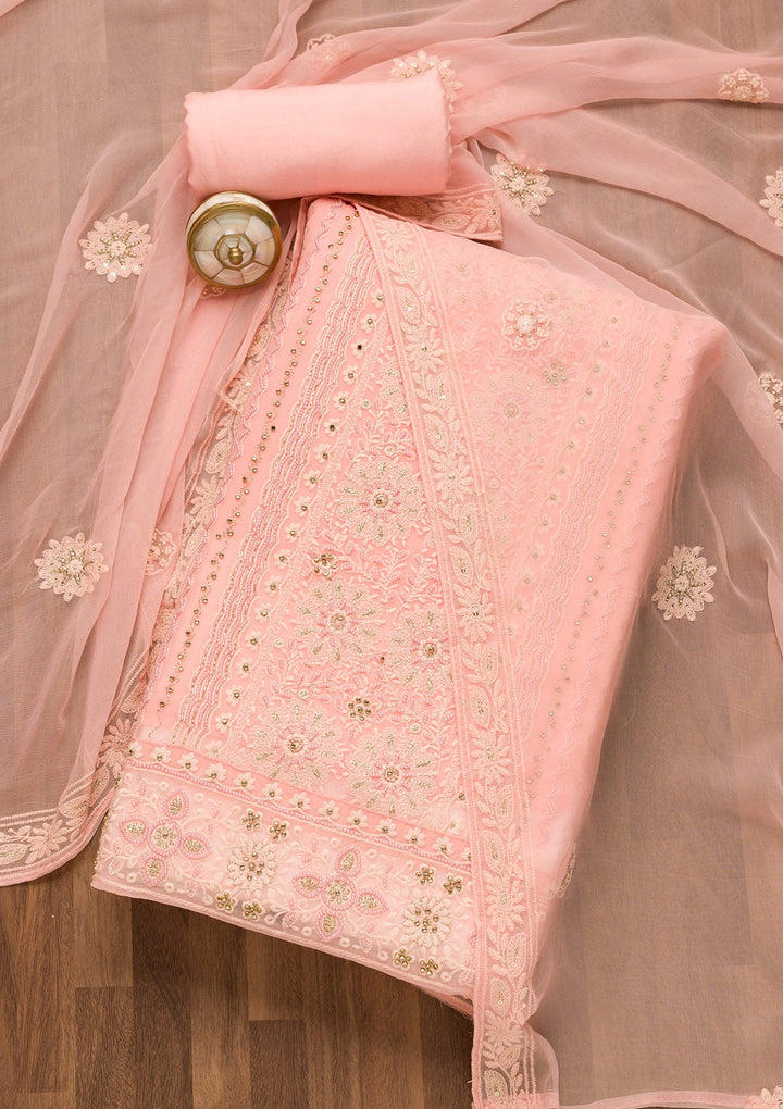 Baby Pink Threadwork Georgette Unstitched Salwar Suit-Koskii