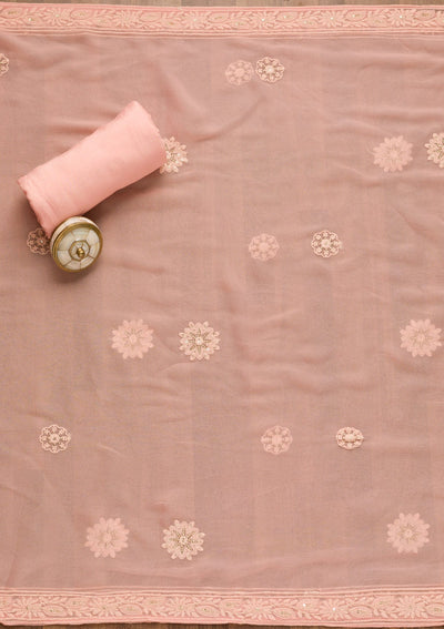 Baby Pink Threadwork Georgette Unstitched Salwar Suit-Koskii