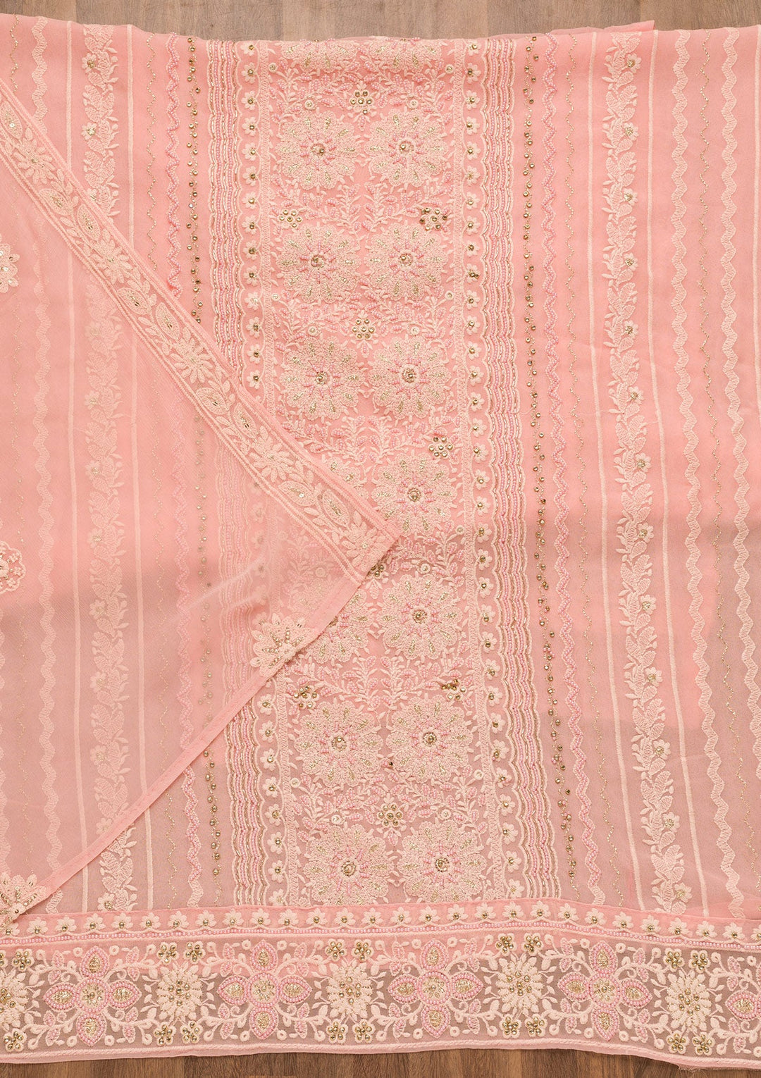 Baby Pink Threadwork Georgette Unstitched Salwar Suit-Koskii