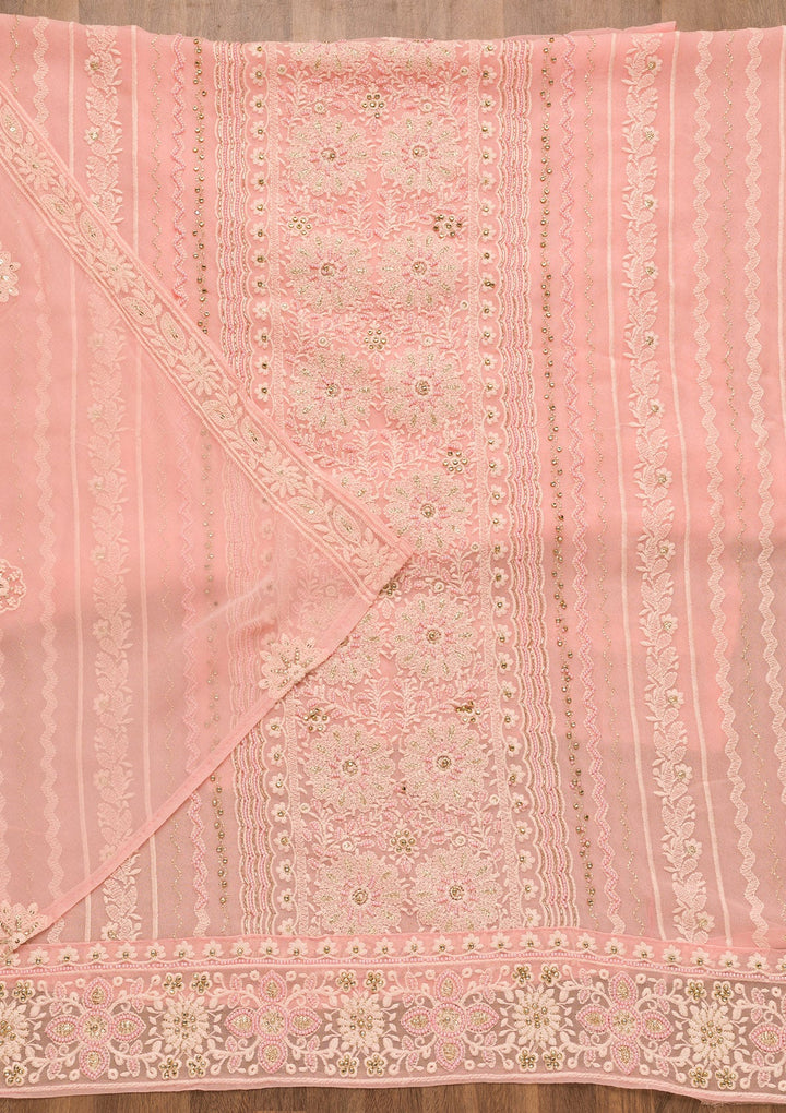 Baby Pink Threadwork Georgette Unstitched Salwar Suit-Koskii