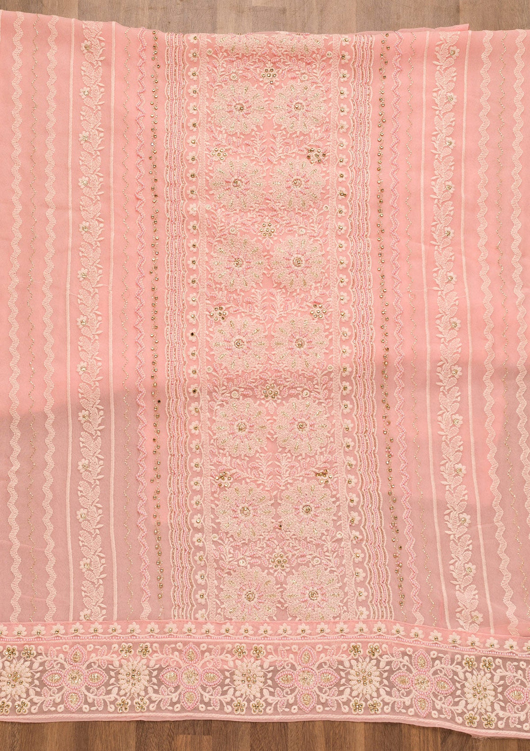 Baby Pink Threadwork Georgette Unstitched Salwar Suit-Koskii
