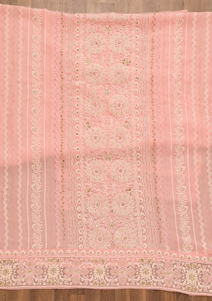 Baby Pink Threadwork Georgette Unstitched Salwar Suit-Koskii