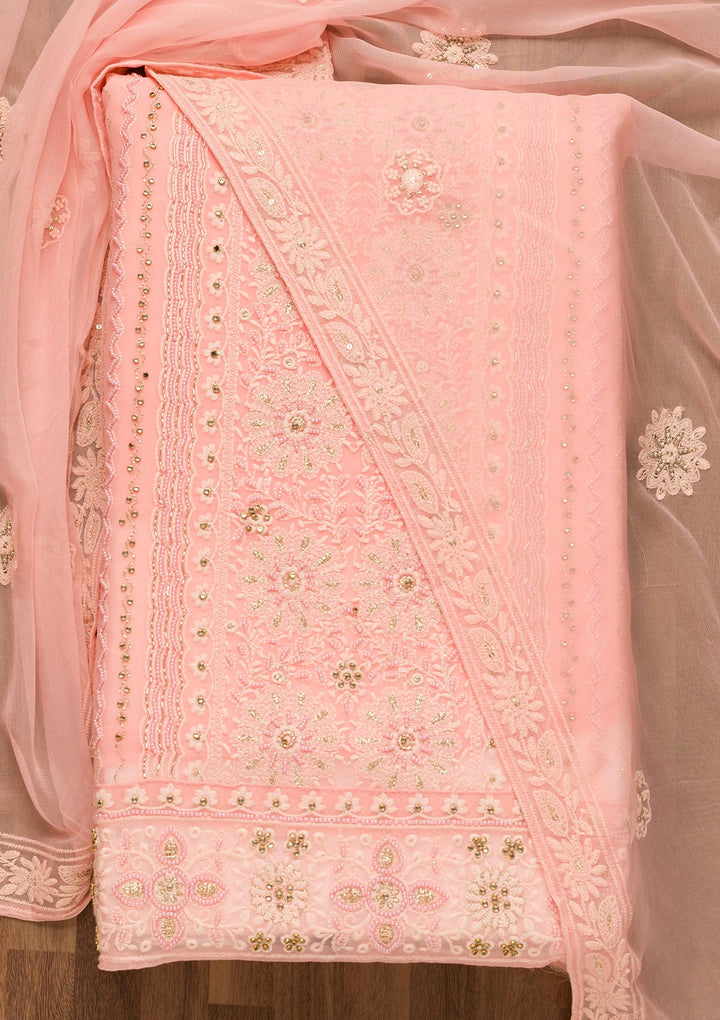 Baby Pink Threadwork Georgette Unstitched Salwar Suit-Koskii
