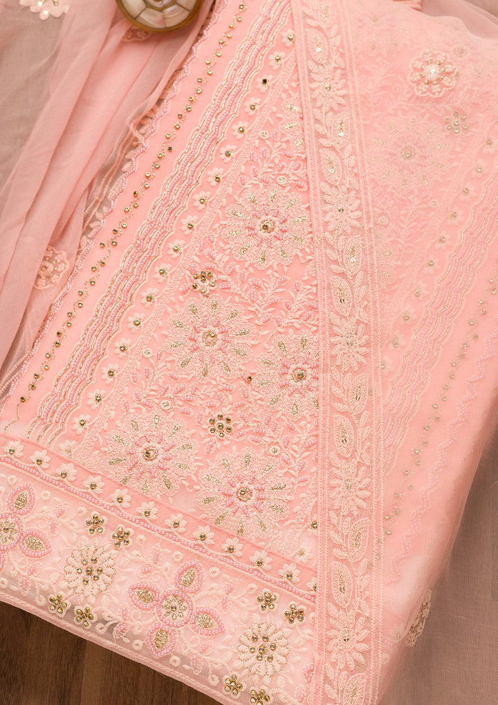Baby Pink Threadwork Georgette Unstitched Salwar Suit-Koskii