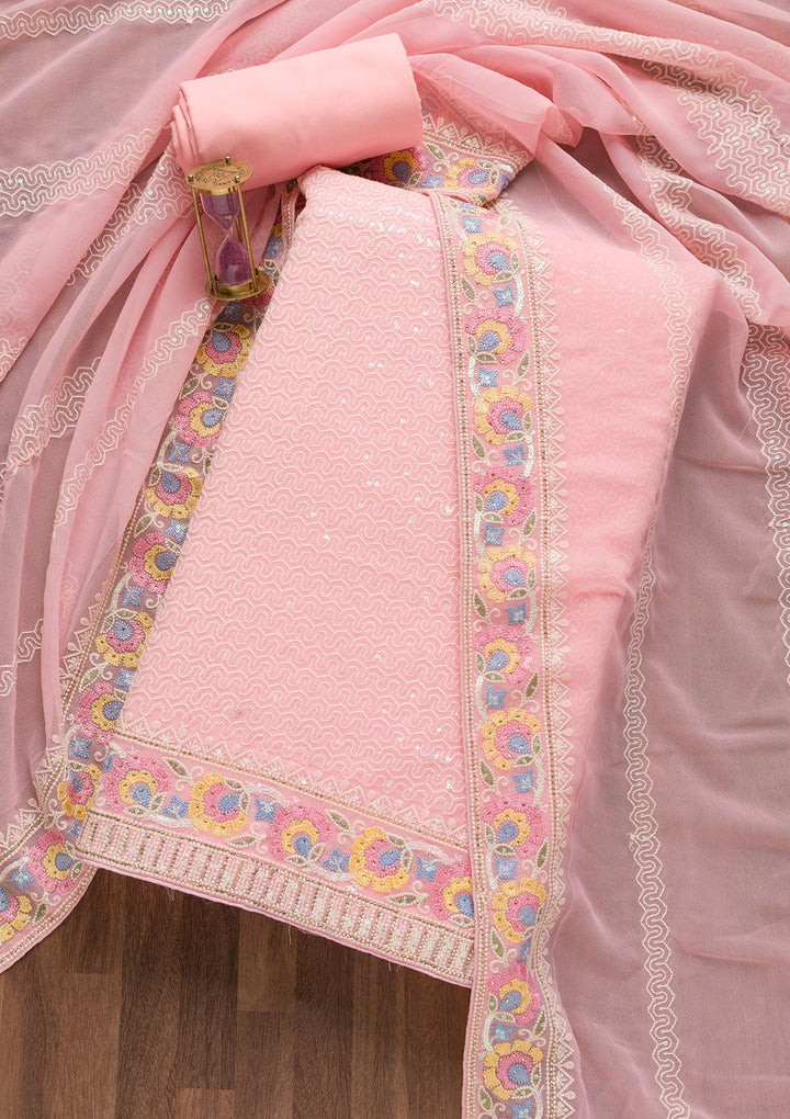 Baby Pink Threadwork Georgette Unstitched Salwar Suit-Koskii