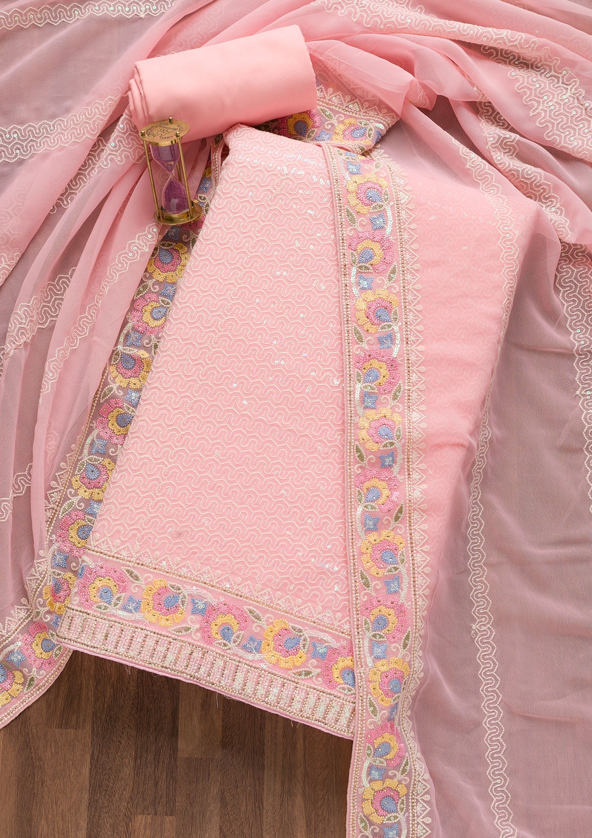 Baby Pink Threadwork Georgette Unstitched Salwar Suit-Koskii