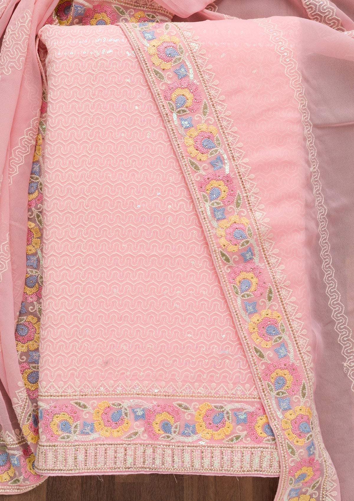 Baby Pink Threadwork Georgette Unstitched Salwar Suit-Koskii