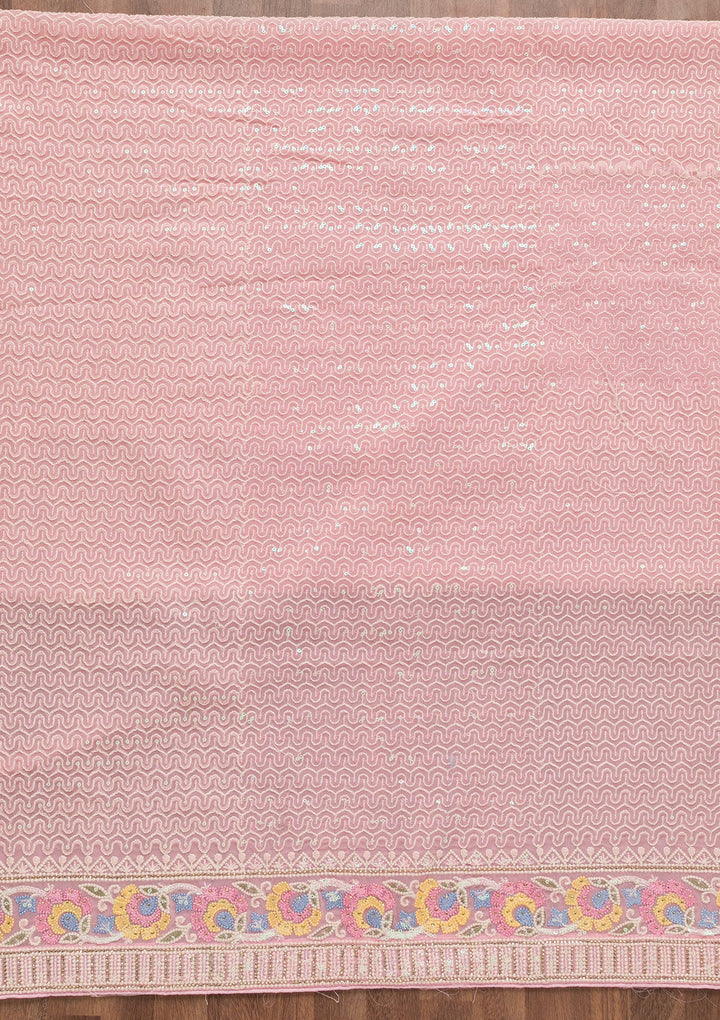 Baby Pink Threadwork Georgette Unstitched Salwar Suit-Koskii