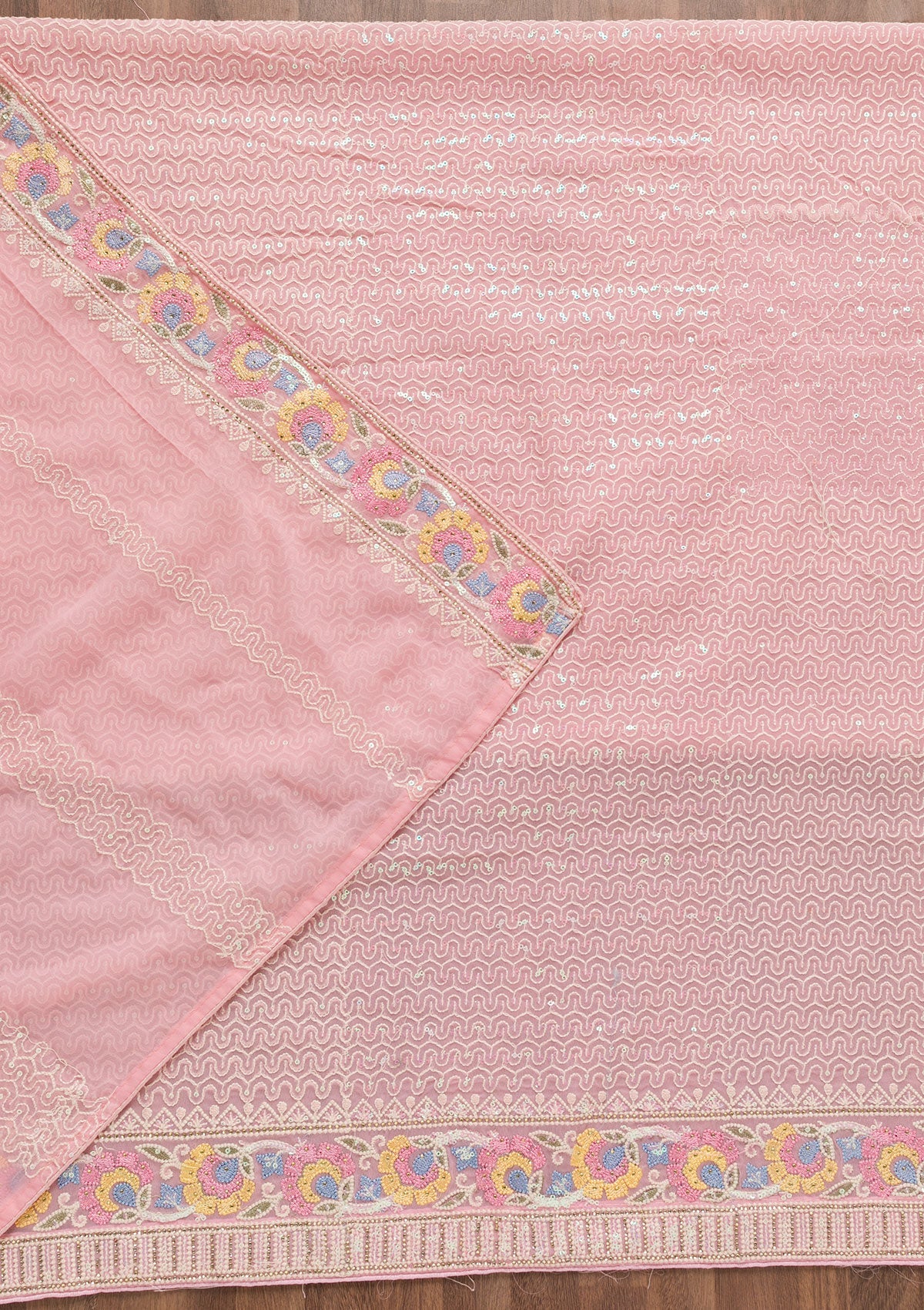 Baby Pink Threadwork Georgette Unstitched Salwar Suit-Koskii