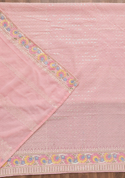 Baby Pink Threadwork Georgette Unstitched Salwar Suit-Koskii