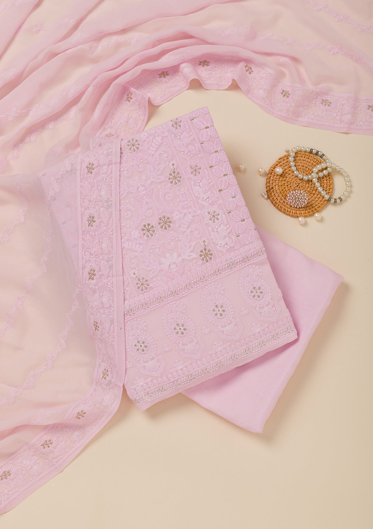 Baby Pink Threadwork Georgette Unstitched Salwar Suit-Koskii