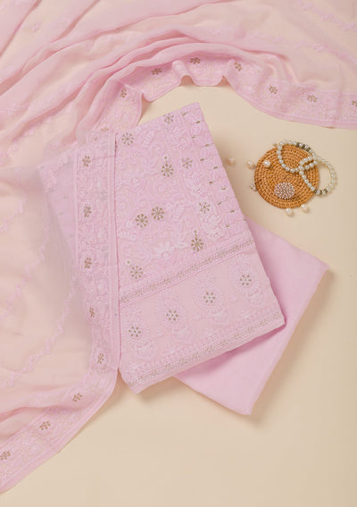 Baby Pink Threadwork Georgette Unstitched Salwar Suit-Koskii