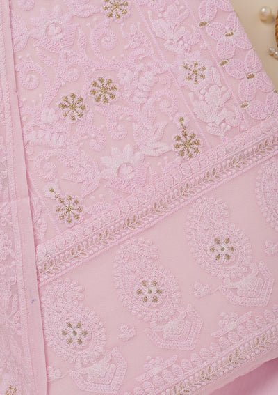 Baby Pink Threadwork Georgette Unstitched Salwar Suit-Koskii