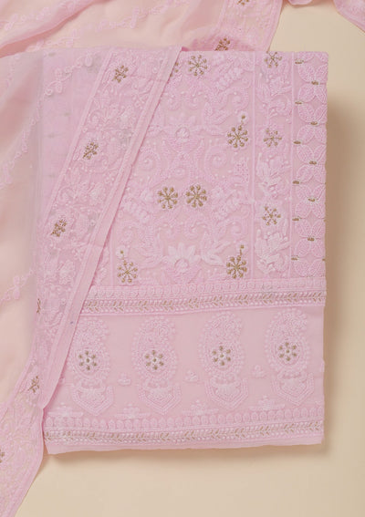 Baby Pink Threadwork Georgette Unstitched Salwar Suit-Koskii