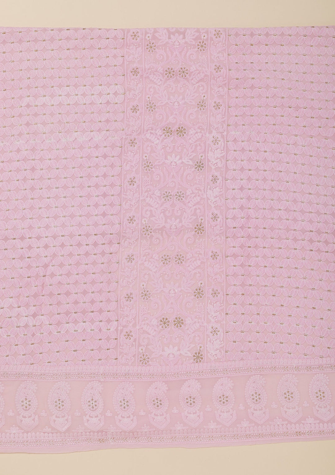 Baby Pink Threadwork Georgette Unstitched Salwar Suit-Koskii