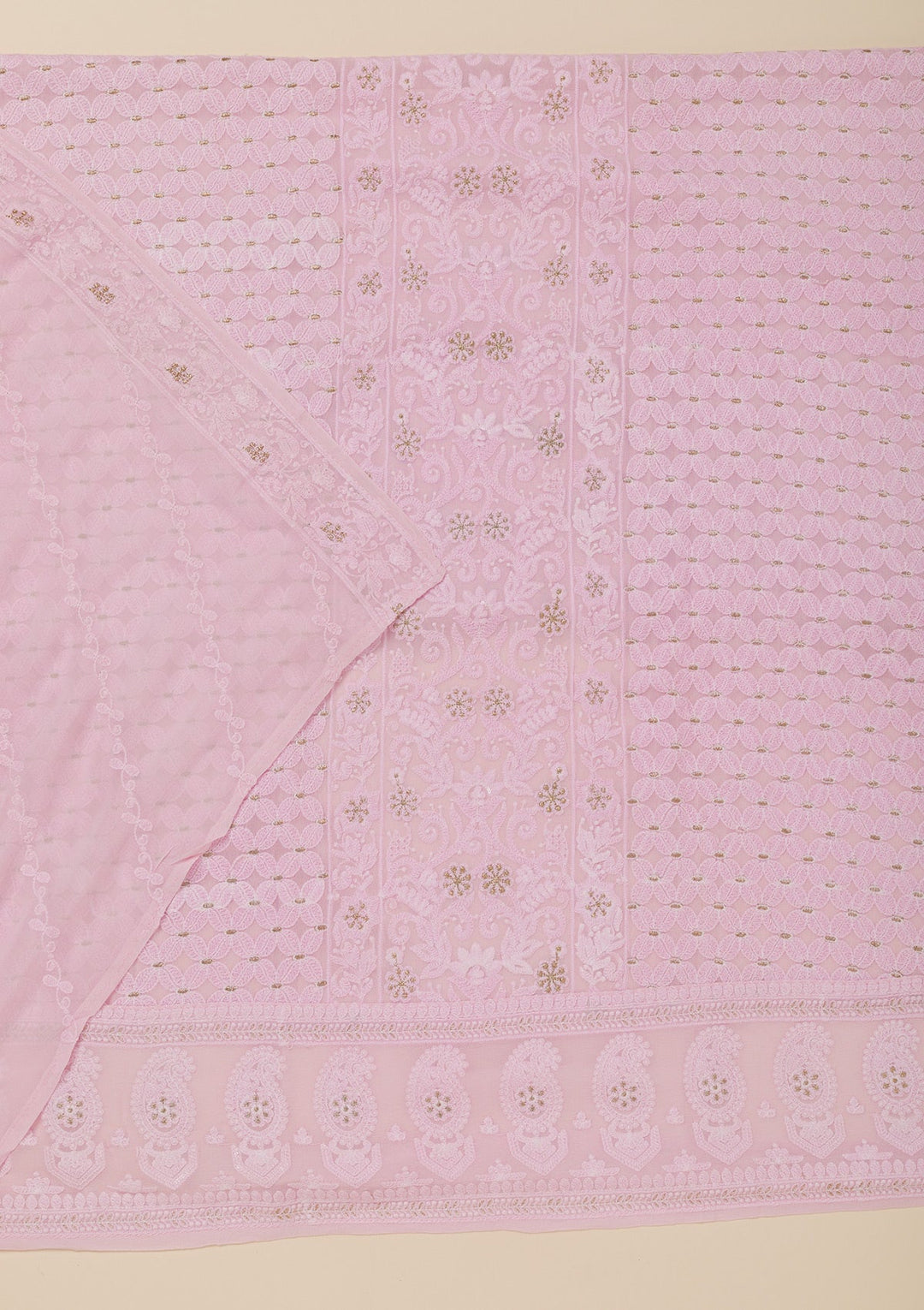 Baby Pink Threadwork Georgette Unstitched Salwar Suit-Koskii