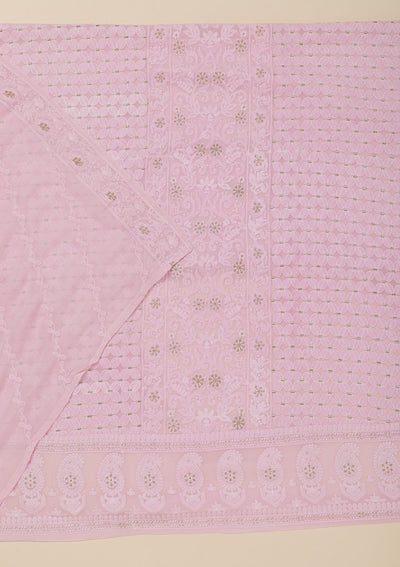 Baby Pink Threadwork Georgette Unstitched Salwar Suit-Koskii