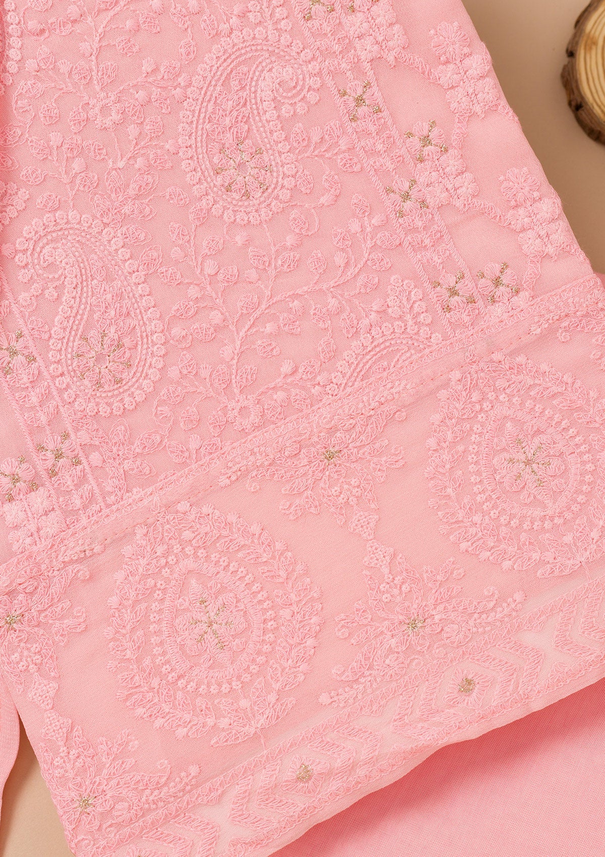 Baby Pink Threadwork Georgette Unstitched Salwar Suit-Koskii