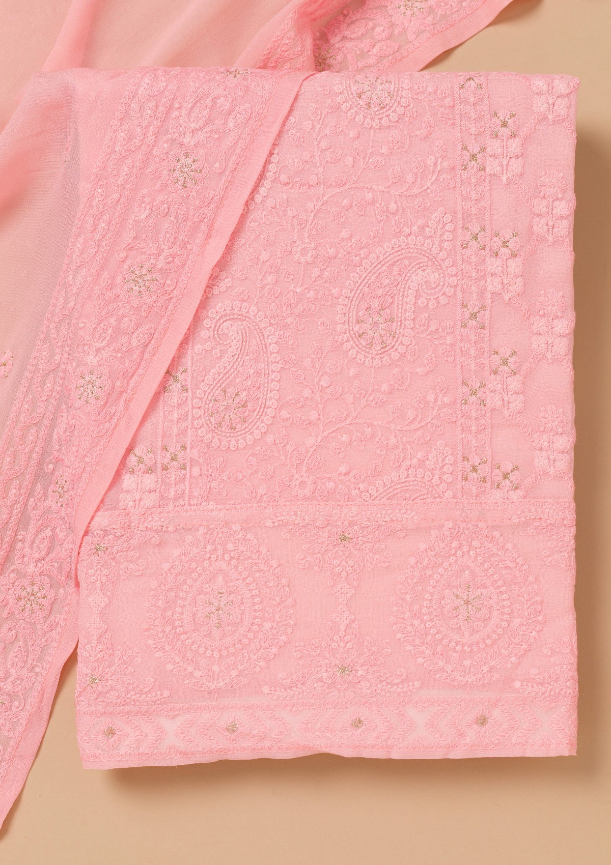 Baby Pink Threadwork Georgette Unstitched Salwar Suit-Koskii