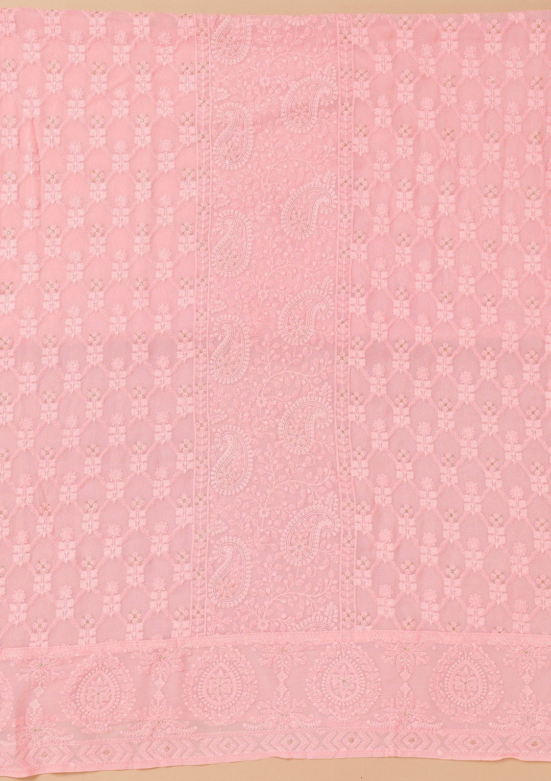 Baby Pink Threadwork Georgette Unstitched Salwar Suit-Koskii