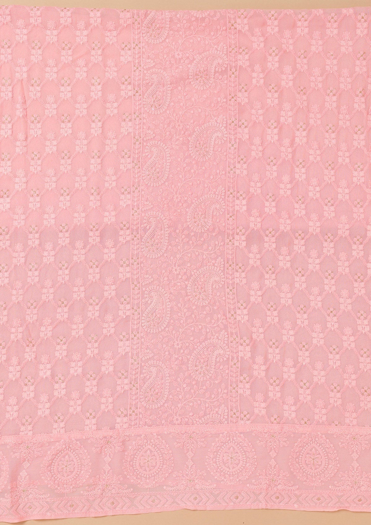 Baby Pink Threadwork Georgette Unstitched Salwar Suit-Koskii