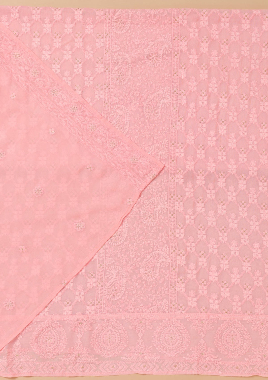 Baby Pink Threadwork Georgette Unstitched Salwar Suit-Koskii