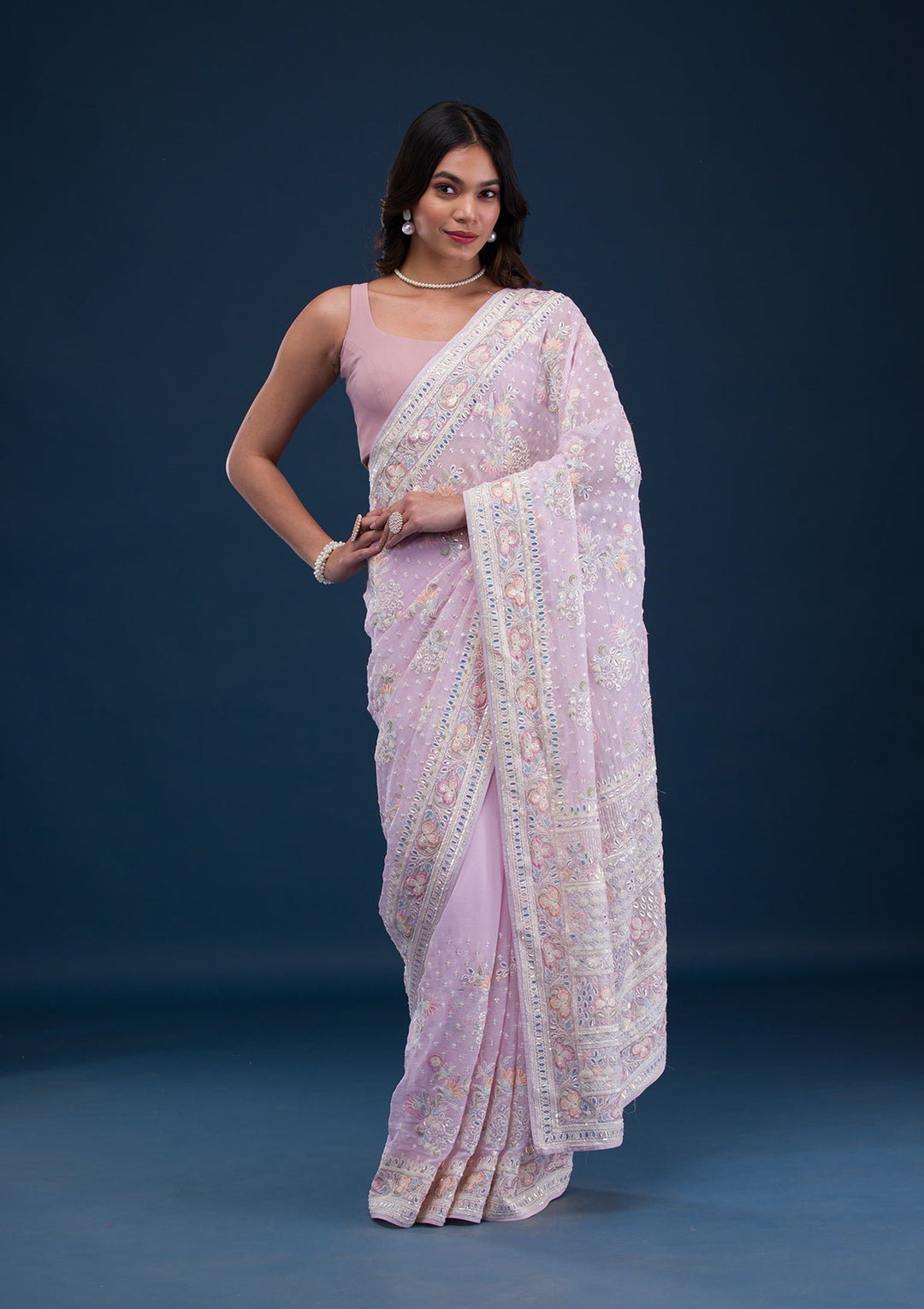 Baby Pink Threadwork Georgette Saree-Koskii
