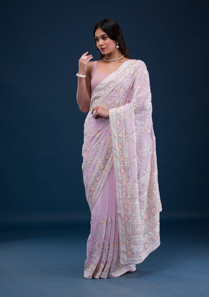 Baby Pink Threadwork Georgette Saree-Koskii