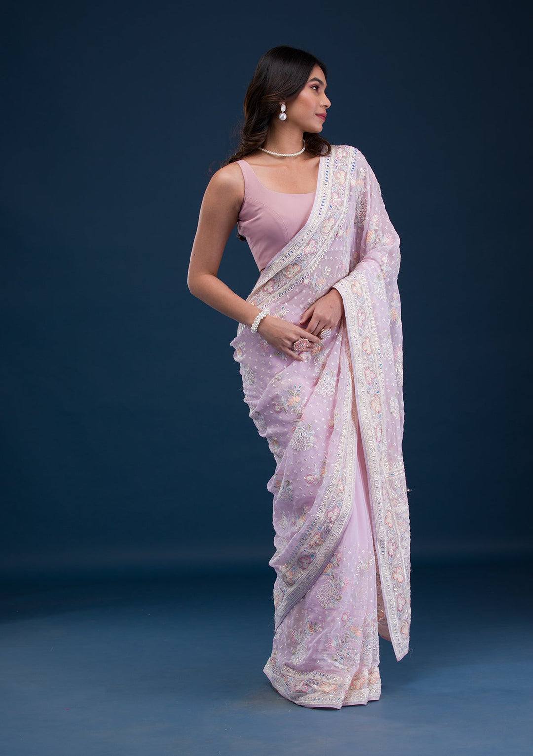 Baby Pink Threadwork Georgette Saree-Koskii
