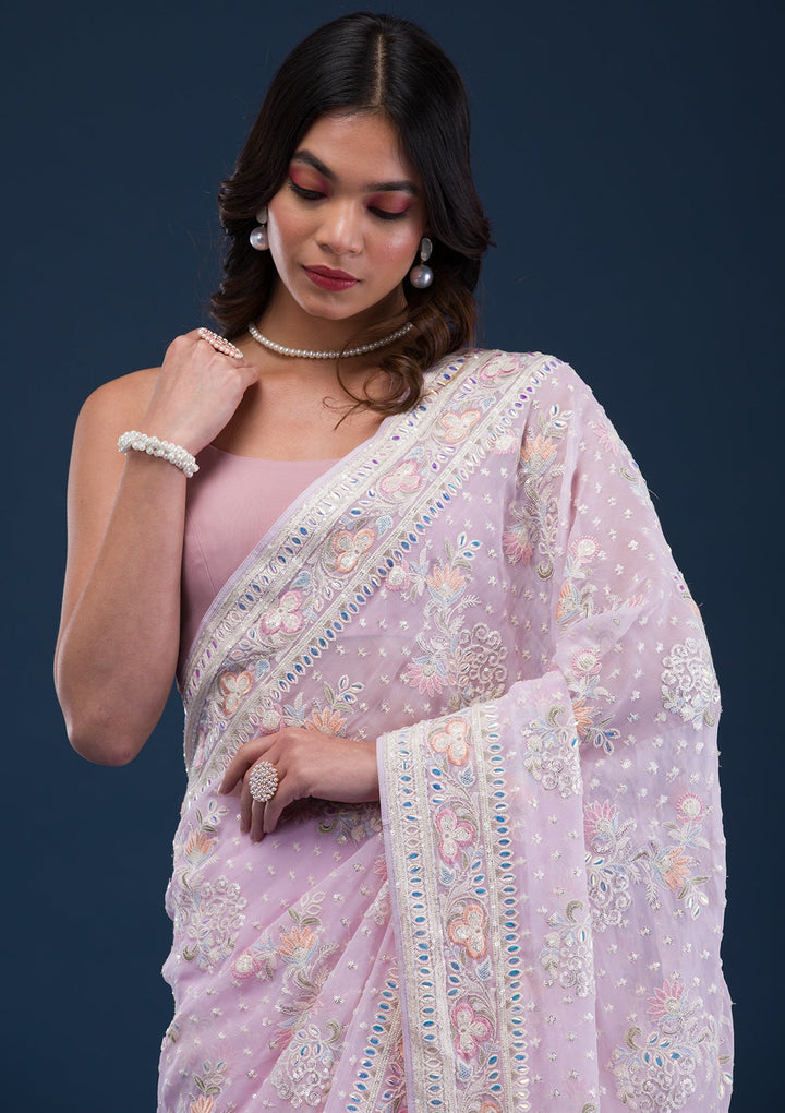 Baby Pink Threadwork Georgette Saree-Koskii