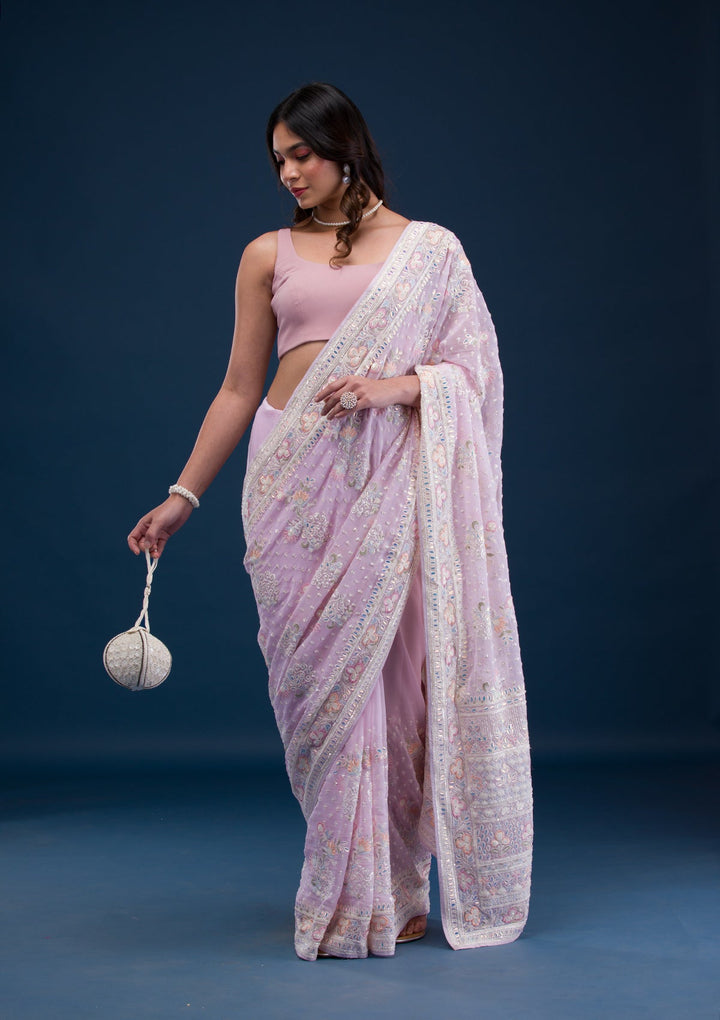 Baby Pink Threadwork Georgette Saree-Koskii