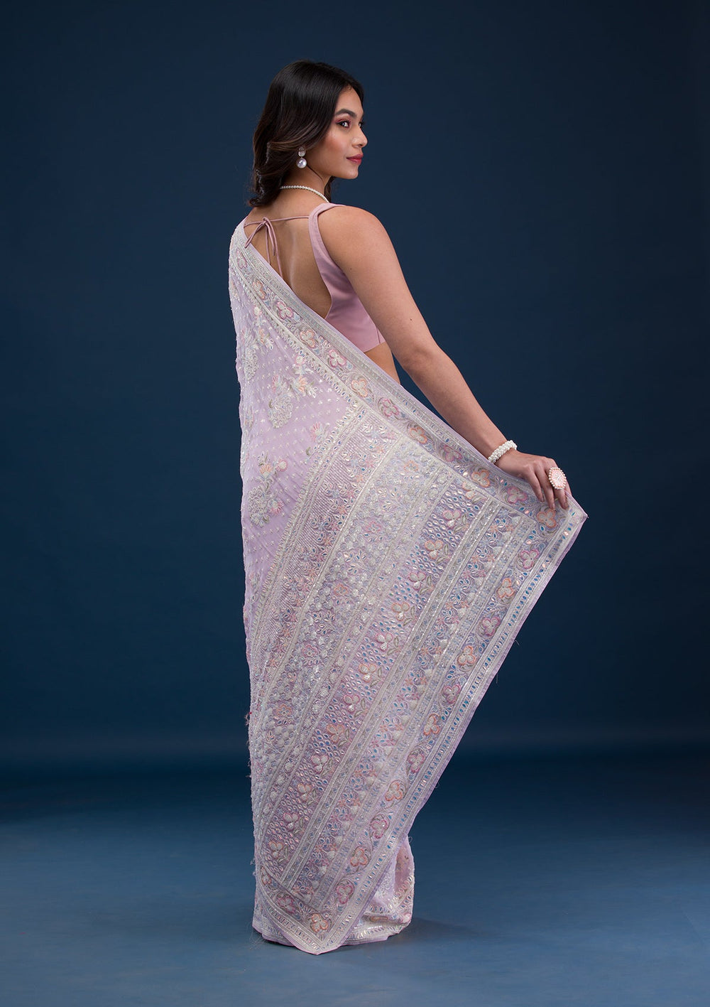 Baby Pink Threadwork Georgette Saree-Koskii