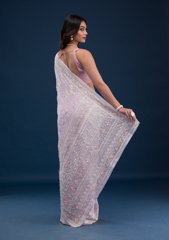 Baby Pink Threadwork Georgette Saree-Koskii