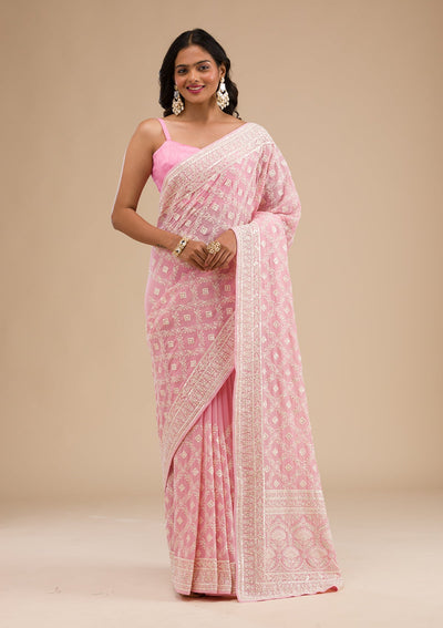 Baby Pink Threadwork Georgette Saree-Koskii