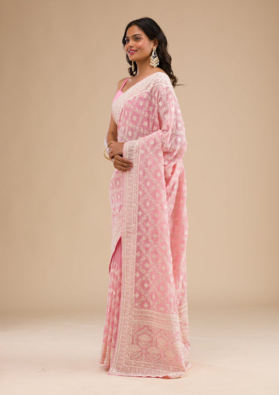 Baby Pink Threadwork Georgette Saree-Koskii