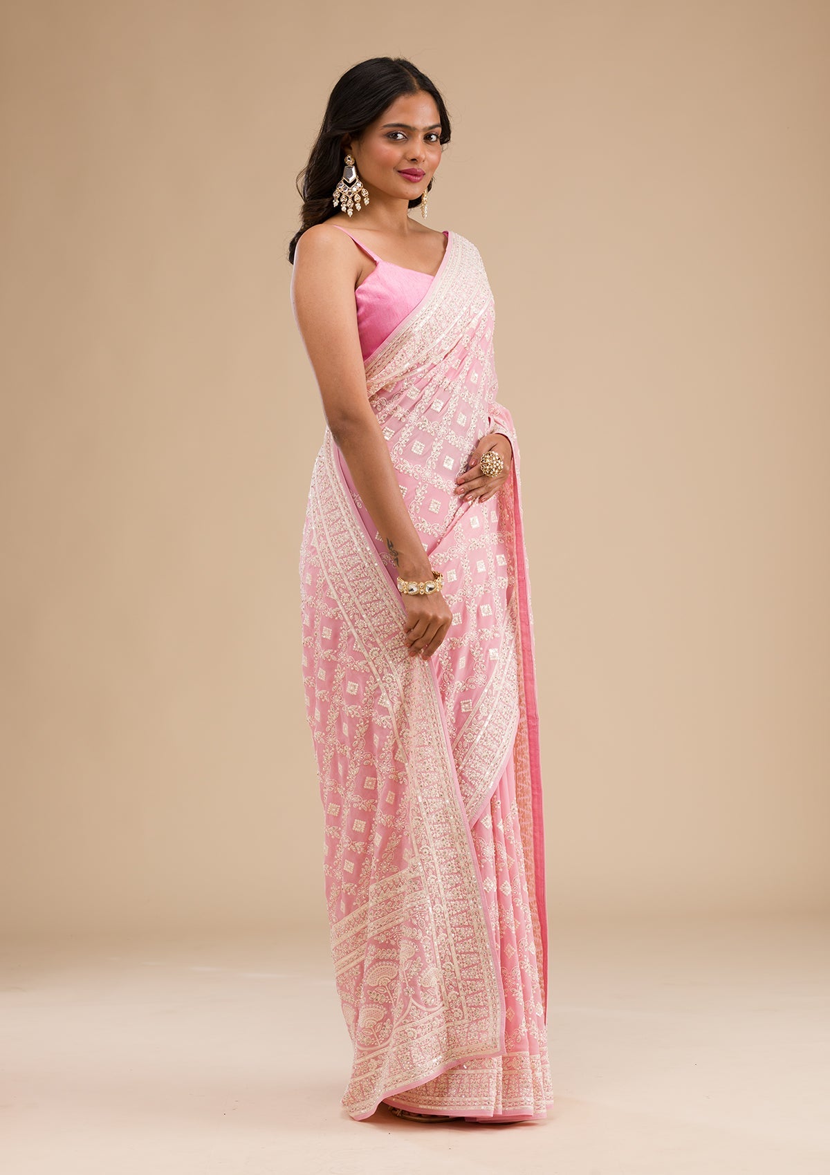 Baby Pink Threadwork Georgette Saree-Koskii