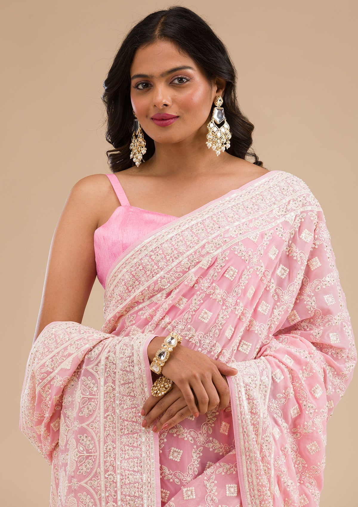 Baby Pink Threadwork Georgette Saree-Koskii