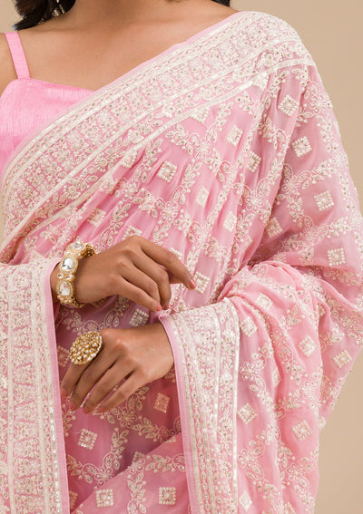 Baby Pink Threadwork Georgette Saree-Koskii