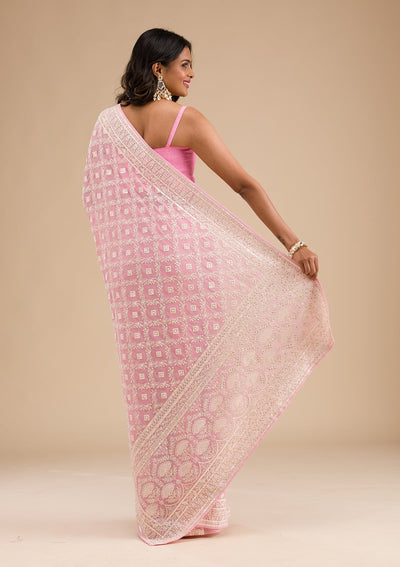 Baby Pink Threadwork Georgette Saree-Koskii